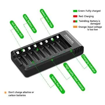 POWEROWL 8 Bay AA AAA Battery Charger, USB High-Speed Charging, Independent Slot, for Ni-MH Ni-CD Rechargeable Batteries, No Adapter