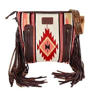 American Darling ADBGZ569 Multi Colored Aztec Purse with Tooled Leather, Off White