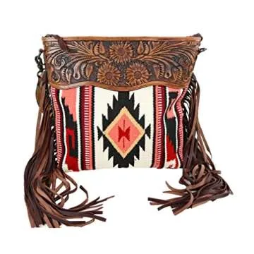 American Darling ADBGZ569 Multi Colored Aztec Purse with Tooled Leather, Off White