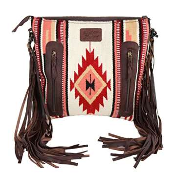 American Darling ADBGZ569 Multi Colored Aztec Purse with Tooled Leather, Off White