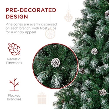 Best Choice Products 6ft Pre-Decorated Holiday Christmas Tree for Home, Office, Party Decoration w/ 1,000 PVC Branch Tips, Partially Flocked Design, Pine Cones, Metal Hinges & Base