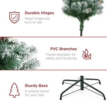 Best Choice Products 6ft Pre-Decorated Holiday Christmas Tree for Home, Office, Party Decoration w/ 1,000 PVC Branch Tips, Partially Flocked Design, Pine Cones, Metal Hinges & Base