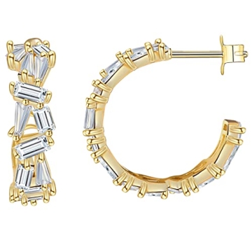 Gold Half Hoop Earrings for Women 14k Gold Plated Earrings Gold Crystal Cubic Zirconia Chunky Statement Open Hoop Earrings with Sterling Silver Post