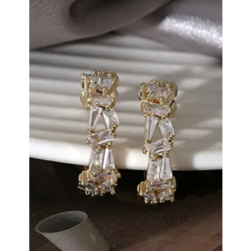 Gold Half Hoop Earrings for Women 14k Gold Plated Earrings Gold Crystal Cubic Zirconia Chunky Statement Open Hoop Earrings with Sterling Silver Post