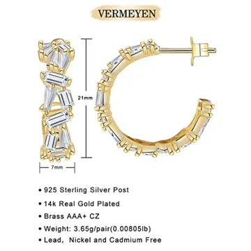 Gold Half Hoop Earrings for Women 14k Gold Plated Earrings Gold Crystal Cubic Zirconia Chunky Statement Open Hoop Earrings with Sterling Silver Post