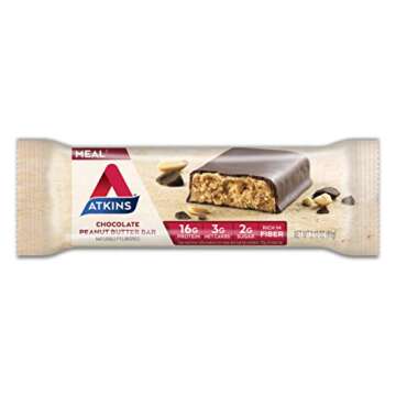 Atkins Chocolate Peanut Butter Protein Meal Bar, High Fiber, 16g Protein, 2g Sugar, 3g Net Carb, Mea...