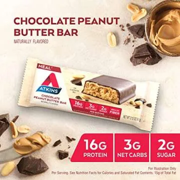 Atkins Chocolate Peanut Butter Protein Meal Bar, High Fiber, 16g Protein, 2g Sugar, 3g Net Carb, Meal Replacement, Keto Friendly, 5 Count