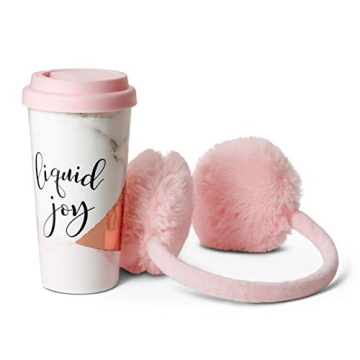 Insulated Tumbler and Ear Muff Set (Liquid Joy): Tri-Coastal Design Thermal Travel Mug and Adjustable Pink Headband Ear Warmers - Mugs Keeps Coffee and Hot Cocoa Warm - Gift Set for Girls and Women