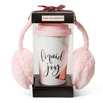 Insulated Tumbler and Ear Muff Set (Liquid Joy): Tri-Coastal Design Thermal Travel Mug and Adjustable Pink Headband Ear Warmers - Mugs Keeps Coffee and Hot Cocoa Warm - Gift Set for Girls and Women