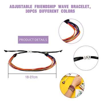 Hicarer 30 Pieces Friendship Bracelets Wave Handmade Woven Braided Bracelet Waterproof Rope Bracelet...