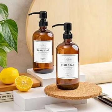 Vine Creations Amber Glass Soap Dispenser, 2 Pack Kitchen Soap Dispenser Set with Stainless Steel Pump, 16 oz Hand Soap Dispenser Bathroom, Dish Soap Dispenser for Kitchen with Waterproof Labels