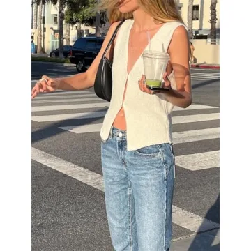 Women Crochet Vest Top Y2k Knit V Neck Sleeveless Button Down Vintage Casual Streetwear White S