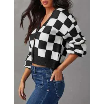 Dokotoo Womens Cardigan Sweaters V Neck Button Down Long Sleeve Plaid Cardigans Casual Cable Knit Fall Winter Ladies Cropped Fit Jackets Outerwear Black S