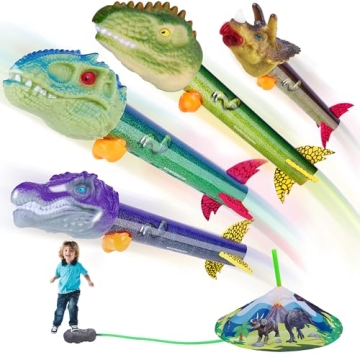 Gizzjoy Dinosaur Toy Rocket Launcher - Launch Up to 100 Ft, 4 Rockets, Outdoor Fun