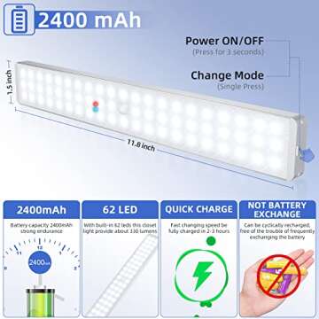 Cshidworld LED Closet Light, 62 LED Motion Sensor Under Cabinet Lights with Remote, Wireless Rechargeable Night Safe Lights Bar Stick-on Anywhere for Counter Cabinet Wardrobe Stairs (3 Packs)