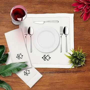 Monogrammed Cotton Party Table Napkins with Embroidery Initial - 4 Pack, 20x20 Inch, Washable, Hemstitch Design, White Elegant Cloth Napkins for Family Dinners, Wedding Parties, Home Décor (K)