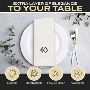 Monogrammed Cotton Party Table Napkins with Embroidery Initial - 4 Pack, 20x20 Inch, Washable, Hemstitch Design, White Elegant Cloth Napkins for Family Dinners, Wedding Parties, Home Décor (K)
