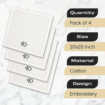Monogrammed Cotton Party Table Napkins with Embroidery Initial - 4 Pack, 20x20 Inch, Washable, Hemstitch Design, White Elegant Cloth Napkins for Family Dinners, Wedding Parties, Home Décor (K)