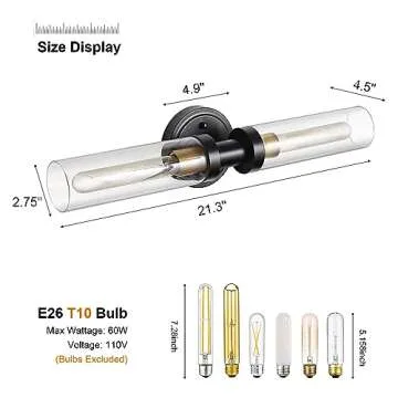 Bathroom Sconces Wall Lighting W/ Clear Glass, 2-Light Bathroom Vanity Light Fixtures, Modern Wall Lights for Mirror Living Room Hallway, Black and Gold Brushed Brass, E26 T10 Bulbs(Excluded)