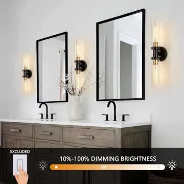Bathroom Sconces Wall Lighting W/ Clear Glass, 2-Light Bathroom Vanity Light Fixtures, Modern Wall Lights for Mirror Living Room Hallway, Black and Gold Brushed Brass, E26 T10 Bulbs(Excluded)
