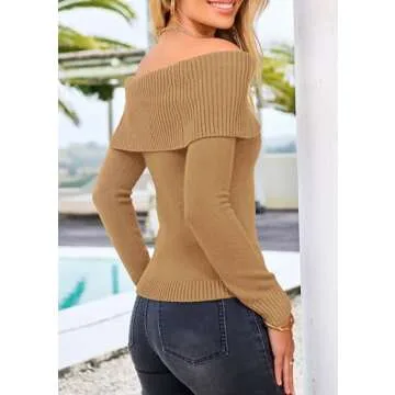PRETTYGARDEN Women's Fall Off Shoulder Sweaters Y2K Long Sleeve Ribbed Knit Fitted Pullover Winter D...