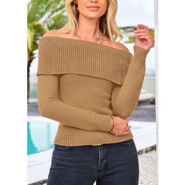 PRETTYGARDEN Women's Fall Off Shoulder Sweaters Y2K Long Sleeve Ribbed Knit Fitted Pullover Winter Date Night Tops Blouse (Khaki,Medium)