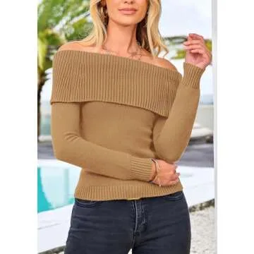 PRETTYGARDEN Women's Fall Off Shoulder Sweaters Y2K Long Sleeve Ribbed Knit Fitted Pullover Winter Date Night Tops Blouse (Khaki,Medium)