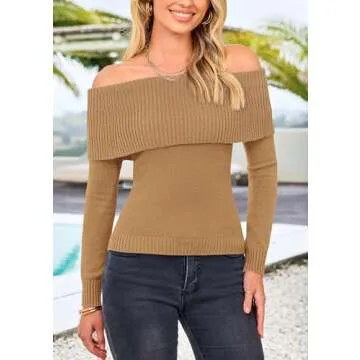 PRETTYGARDEN Women's Fall Off Shoulder Sweaters Y2K Long Sleeve Ribbed Knit Fitted Pullover Winter Date Night Tops Blouse (Khaki,Medium)