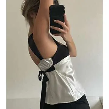 Women Lace Trim V Neck Cami Sleeveless Spaghetti Strap Tanks Vintage Patchwork Slim Fit Camisole Elegant Crop Top