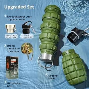 YARO Collapsible Water Bottle 19.6oz Leak Proof - 2 Lids, Carabiner, Gift Box - Reusable Silicone Water Bottle Men for Dad Birthday Gift - Foldable Travel Accessories for Hiking & Camping (Army Green)