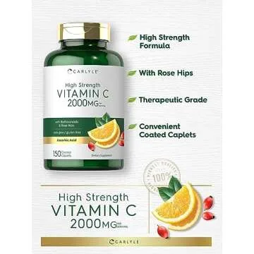 Carlyle Vitamin C 2000mg | with Rose HIPS | 150 Caplets | Vegetarian, Non-GMO, Gluten Free Supplement