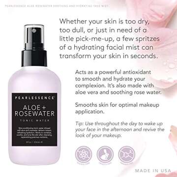 Pearlessence Aloe + Rosewater Tonic Water Face Mist - Delivers Refreshing Hydration | Soothes & Tones Skin | Made in USA & Cruelty Free (8oz)