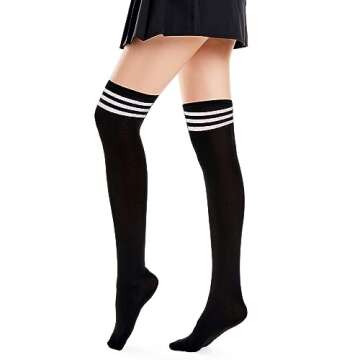 Ammiko Women's Thigh High Socks - Cotton Striped Over the Knee Long Knee High Casual Stockings