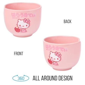 Silver Buffalo Sanrio Hello Kitty Strawberry Milk Japanese Character Ceramic Ramen Noodle Rice Bowl with Chopsticks, Microwave Safe, Pink, 20 Ounces