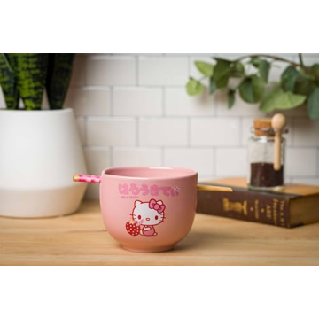 Silver Buffalo Sanrio Hello Kitty Strawberry Milk Japanese Character Ceramic Ramen Noodle Rice Bowl with Chopsticks, Microwave Safe, Pink, 20 Ounces