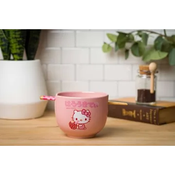 Silver Buffalo Sanrio Hello Kitty Strawberry Milk Japanese Character Ceramic Ramen Noodle Rice Bowl with Chopsticks, Microwave Safe, Pink, 20 Ounces