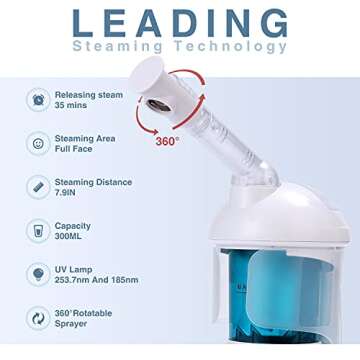 DYB Portable Facial Steamer, Nano Ionic Face Steamer with 360°Rotatable Sprayer,Mini Facial Steamer for Salon and Spa,1 Piece Headband and 4 Pieces Steel Skin Kits.
