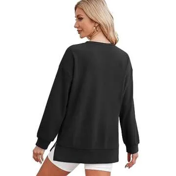 WIHOLL Oversized Sweatshirt for Women Crew Neck Pullover Sweatshirts Long Sleeve Tops Soft Loose Fit Fall Fashion 2024 Trendy Casual Lightweight Shirts Side Slit Black Medium