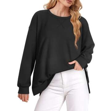 WIHOLL Oversized Sweatshirt for Women Crew Neck Pullover Sweatshirts Long Sleeve Tops Soft Loose Fit Fall Fashion 2024 Trendy Casual Lightweight Shirts Side Slit Black Medium