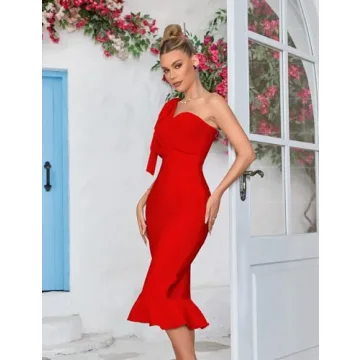 Elegant One Shoulder Bodycon Midi Cocktail Dress