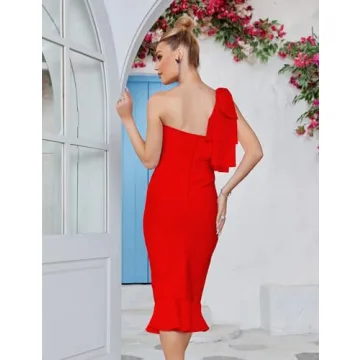 Elegant One Shoulder Bodycon Midi Cocktail Dress