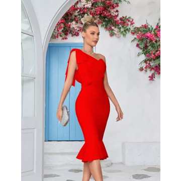 Elegant One Shoulder Bodycon Midi Cocktail Dress