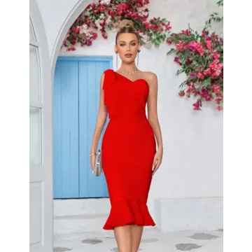 Elegant One Shoulder Bodycon Midi Cocktail Dress