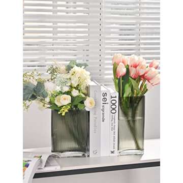 TERESA'S COLLECTIONS Grey Glass Vase for Flower, Thickened Large Glass Flower Vase Set of 2, Geometr...