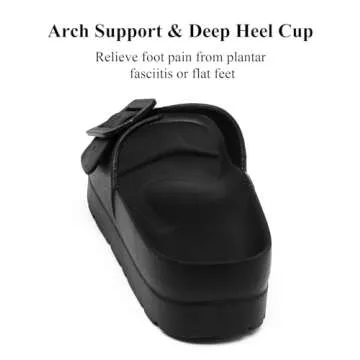 Women's Black Platform Sandals with Arch Support, Adjustable Single Buckle Slides, Comfort EVA Slide Lightweight Thick Soles