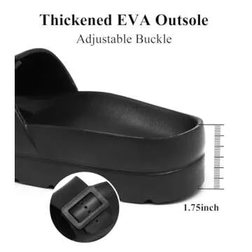 Women's Black Platform Sandals with Arch Support, Adjustable Single Buckle Slides, Comfort EVA Slide Lightweight Thick Soles