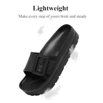 Women's Black Platform Sandals with Arch Support, Adjustable Single Buckle Slides, Comfort EVA Slide Lightweight Thick Soles