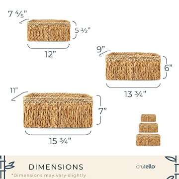 Crutello Woven Storage Basket Handwoven Small Baskets Boho Living Room Decor For Home Organization, Set of 3, Natural Water Hyacinth Seagrass, Brown