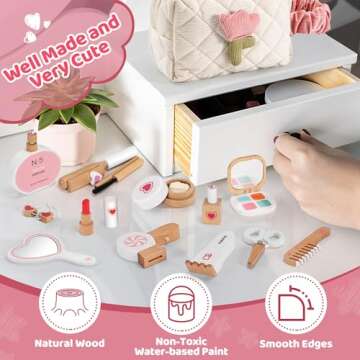TUSEASY 16-Piece Wooden Makeup Toy Set, Pretend Play Makeup Kit for Toddlers & Little Girls Aged 3-8, Fake Makeup and Beauty Salon Toys, Christmas & Birthday Gifts for Toddler Kids