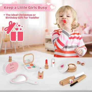 TUSEASY 16-Piece Wooden Makeup Toy Set, Pretend Play Makeup Kit for Toddlers & Little Girls Aged 3-8, Fake Makeup and Beauty Salon Toys, Christmas & Birthday Gifts for Toddler Kids